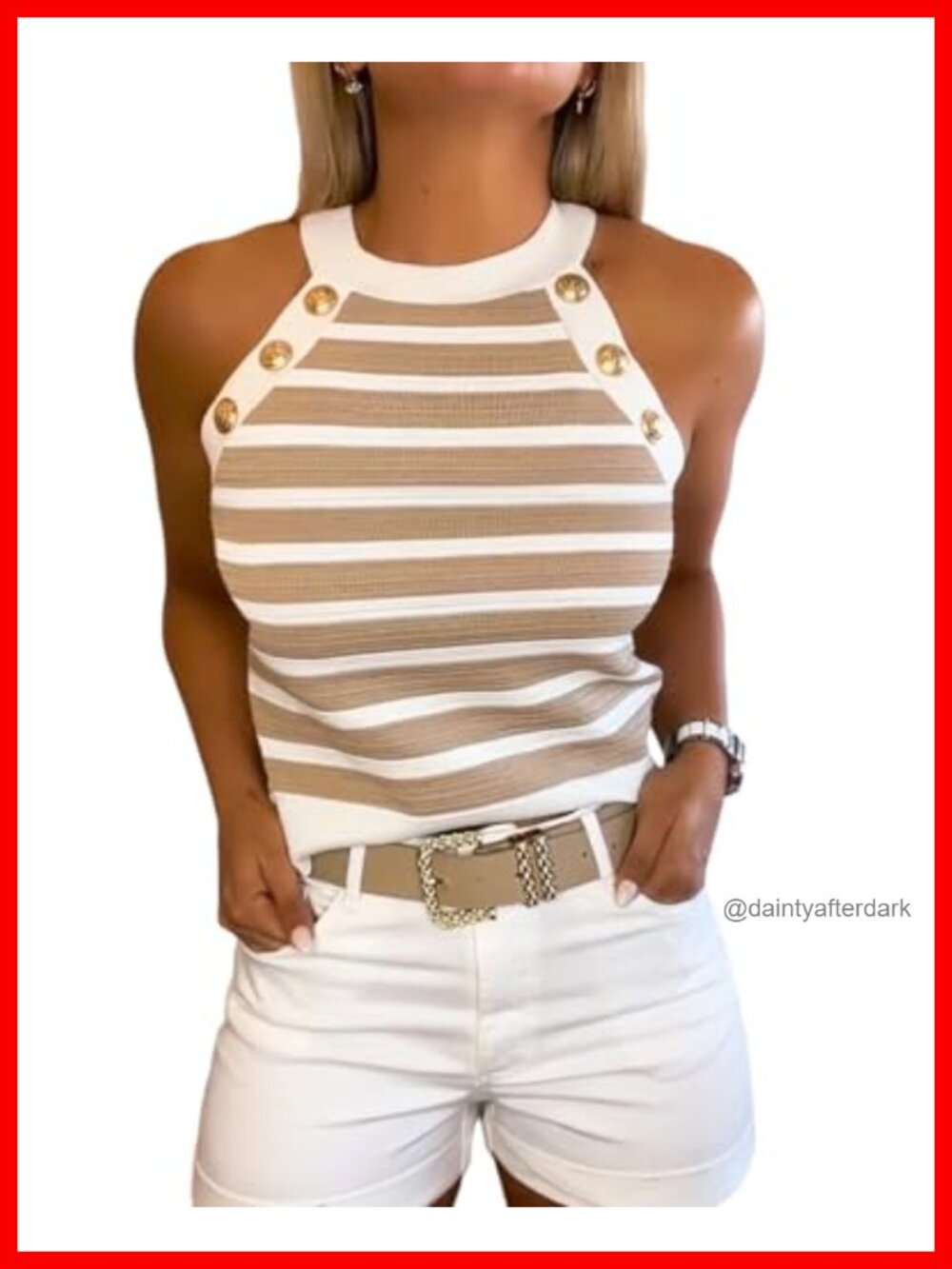 Womens High Neck Halter Tank Top Gold Button Striped Knit Slim Fit Sleeveless